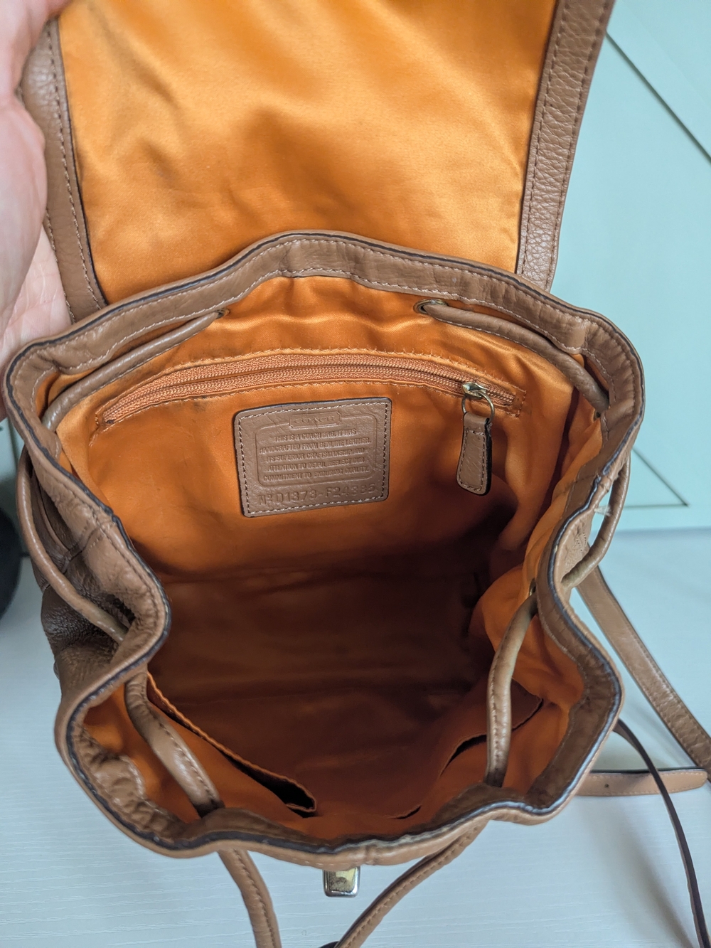 Coach Pebbled Leather Drawstring Backpack in Tan - Picture 9 of 12